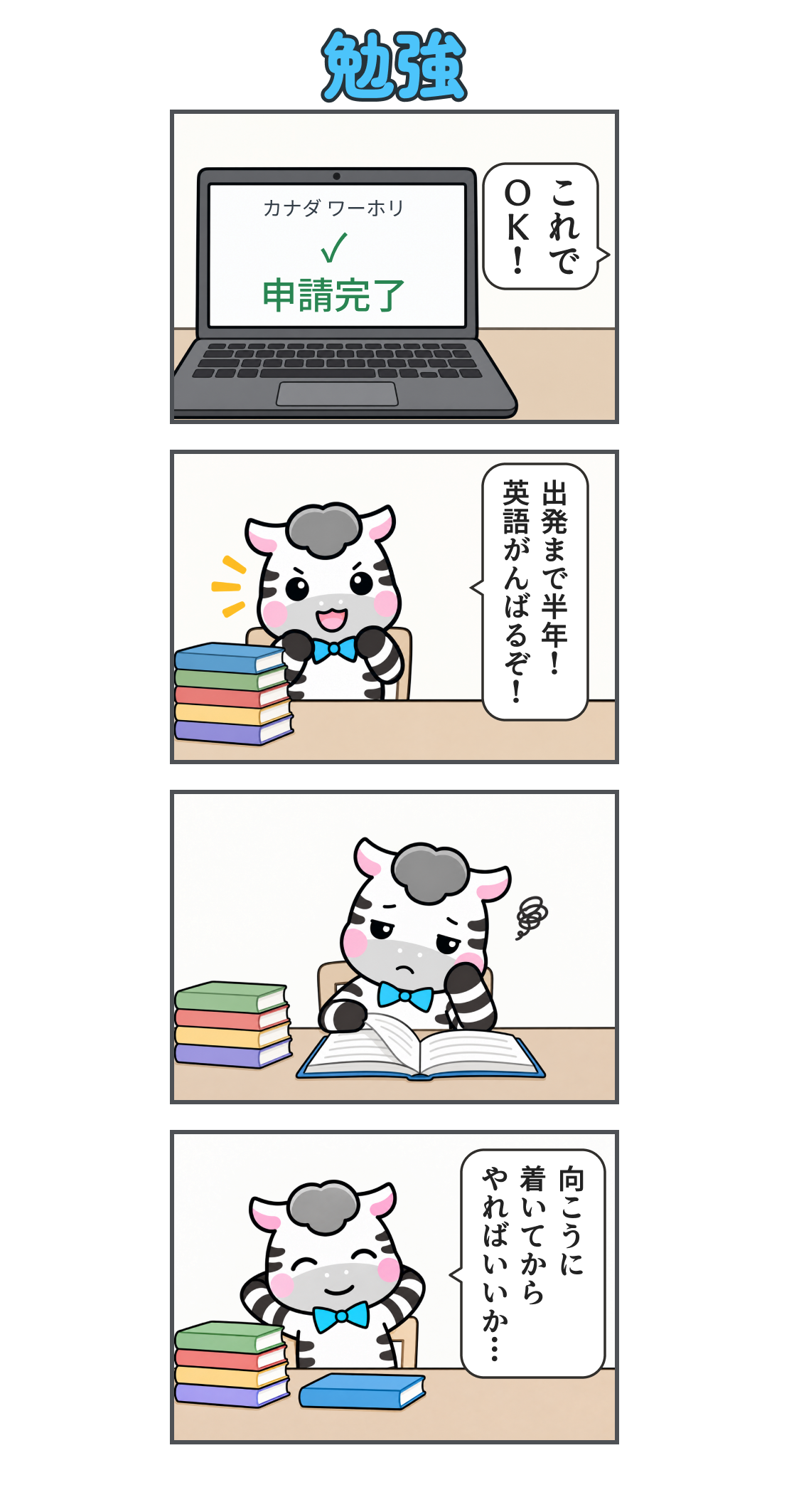 4コマ漫画「勉強」。1コマ目、ラップトップに「カナダ ワーホリ」「申請完了」と表示され、ゼブが「これで OK!」。2コマ目、本を揃えて「出発まで半年! 英語がんばるぞ!」と意気込む。3コマ目、本を開くがやる気が出ない。4コマ目、本を閉じてくつろぎ「向こうに 着いてから やればいいか…」と考える。