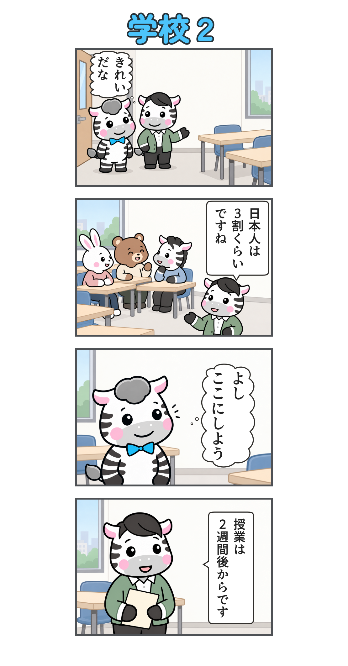 4コマ漫画「学校2」。1コマ目。日本人スタッフに学校を案内される。心の声「きれい だな」。2コマ目。教室では学生たちが楽しそうに過ごしている。スタッフ「日本人は 3割くらい ですね」。3コマ目。笑顔で学校を決めるゼブ。心の声「よし ここにしよう」。4コマ目。スタッフ「授業は 2週間後からです」。