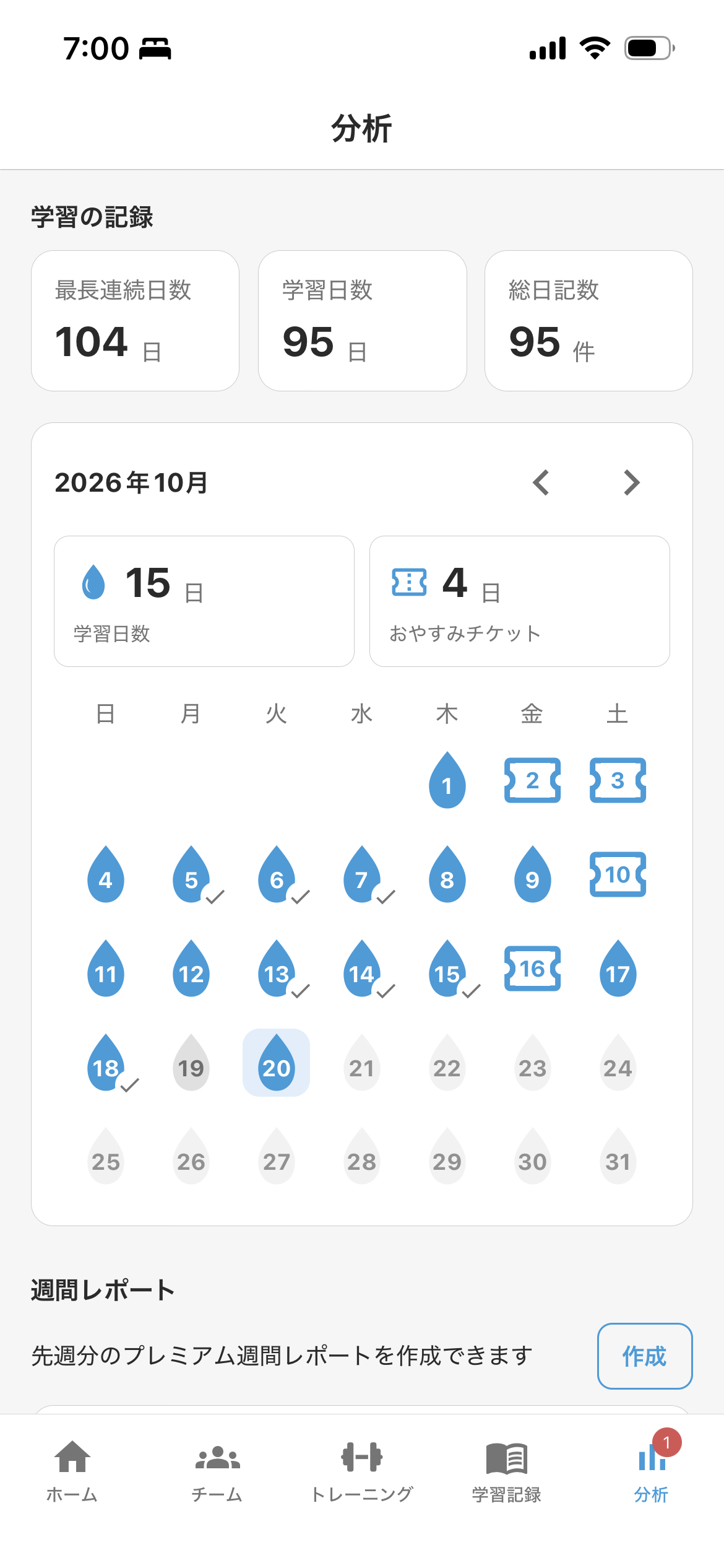 最長連続日数104日、学習日数95日、総日記数95件の学習記録と、おやすみチケットの使用日が分かる2026年10月のカレンダー